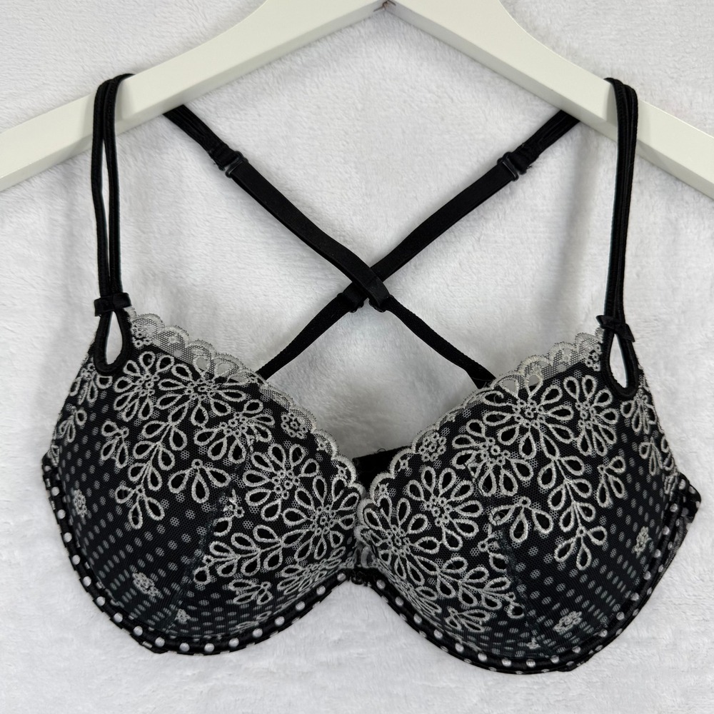 Victorias Secret Sexy Little Things‎ Black Polka Dot Floral Lace Bra 32D